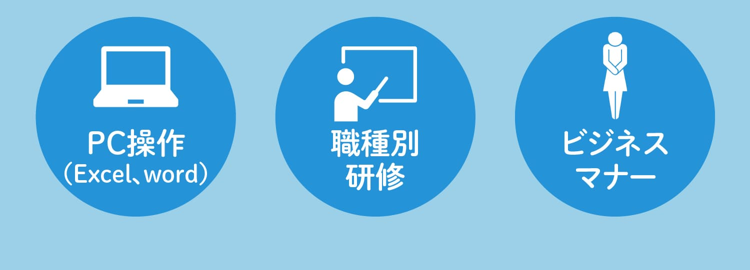「PC操作」「職種別研修」「ビジネスマナー」